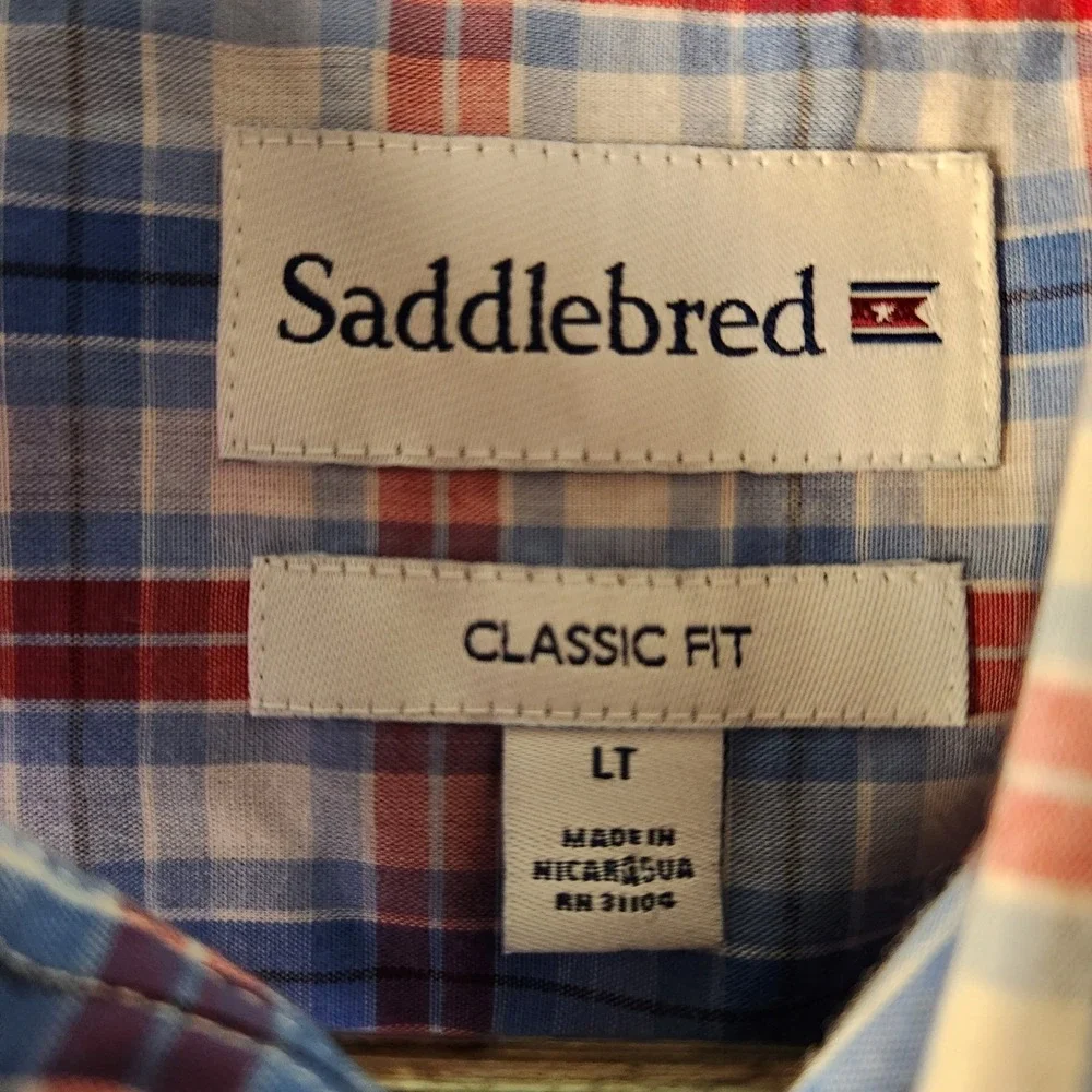 Saddlebred Button Down Shirt Mens LT Blue Red Plaid Short Sleeve Classic Fit